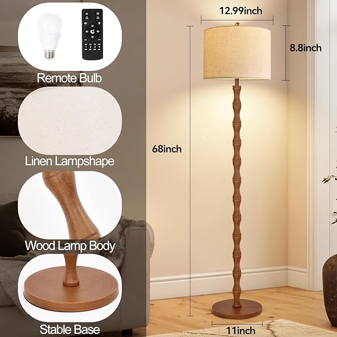 Wood Floor Lamp for Living Room,Bedroom,Vintage Farmhouse Mid Century Standing Lamp with Remote,Dimmable Rustic Industrial Tall Lamp Retro Floor Light Boho Bohemian