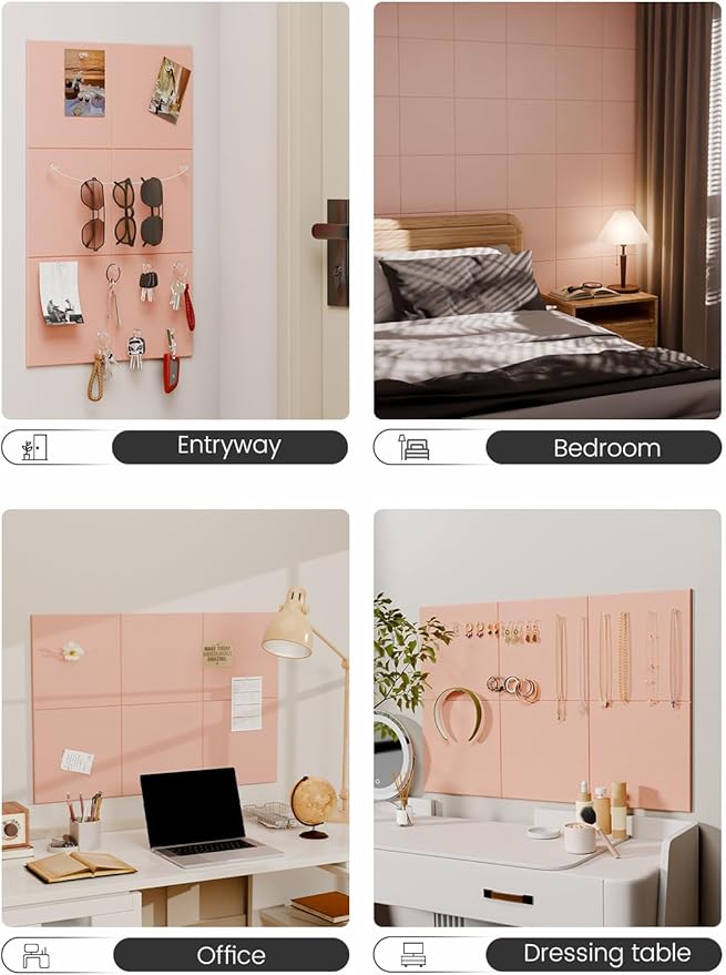 Fluxynara Felt Bulletin Board Tiles -28"x18" Cork Board Alternative for Office Decor, Push Pin Board Wall Organizer 6-Pack - Pink