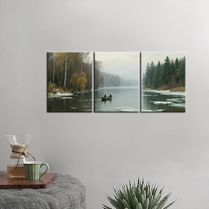 Mountain Landscape Canvas Wall Art Nature and Forest Posters Print Boat and River Scenery Picture Painting for Modern Home Kitchen Bedroom Office Hotel Decoration Artwork Ready to Hang [36''W x 16''H]