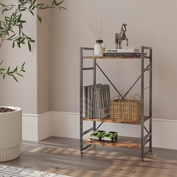 Bookshelf Organizer,3 Tiers Rustic Brown Small Bookcase for Small Space,Industrial Wooden Storage Bookcase Display Rack and Storage Organizer for Living Room and Home Office
