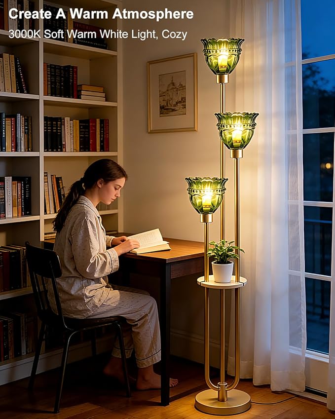 Lightdot 3-Lights Glass Floor Lamp for Living Room Mid Century Modern Gold Floor Lamp with Green Glass Shade & 3000K Bulbs Included Tall Standing Lamp for Bedroom/Sofa Beside/Corner Decor