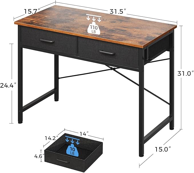 Casaottima 32 Inch Small Office Computer Desk with 2 Drawers & Headphone Hook - Compact Writing Desk for Home Office, Study or Work, Modern Space-Saving Design for Small Spaces, Pure Vintage