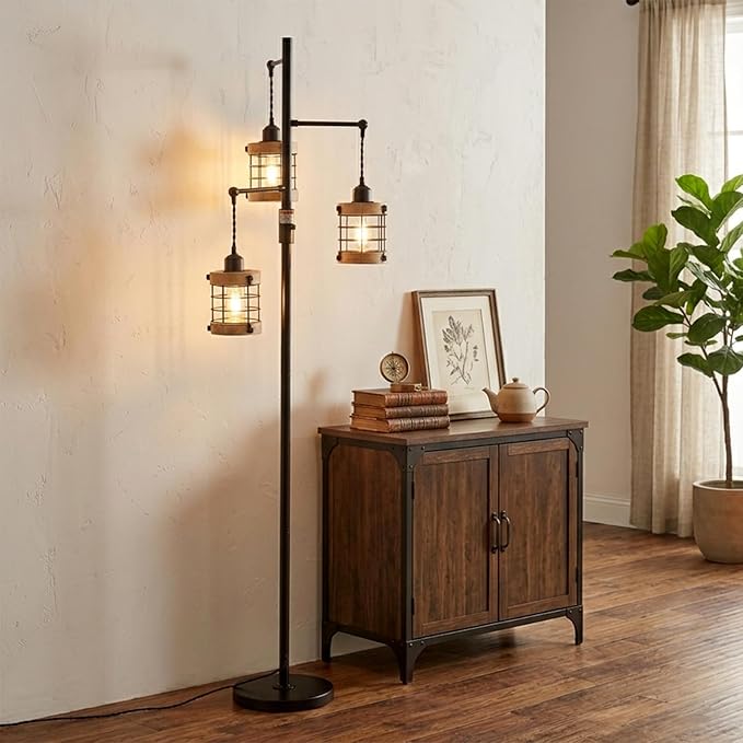 Airposta Vintage Wood Floor Lamp for Bedroom, Dimmable Floor Lamps for Living Room, Industrial Standing Lamp Farmhouse Tall Lamp for Office Home, Rustic Corner Floor Lamp Metal Black Pole Lamp