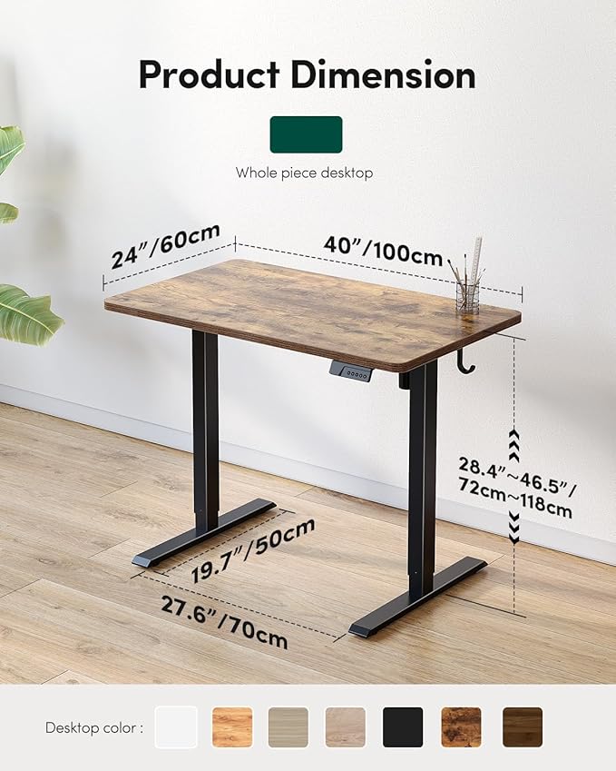 CubiCubi 40 x 24 Small One-Piece Standing Desk, Adjustable Height Electric Computer Sit Stand up Home Office Workstation, with 4 Memory Presets, Headphone Hook, Rustic Brown