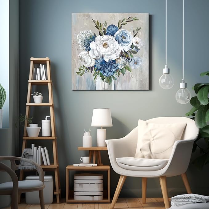 Goldfoilart Blue Flower Wall Art for Living Room White Floral Canvas Pictures Modern Paintings Framed Artwork for Bedroom Bathroom Dining Room Office Wall Decor 24" x 24"