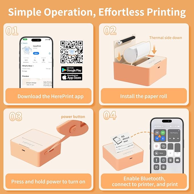 HPRT S2 Mini Sticker Maker, Portable Label Printer with 1 Roll Sticker Paper, Ideal for Study Notes, Text, Sticker, Memo, Checklist, Labels, DIY, Multiple Templates, Support 57mm Width Label(Orange)