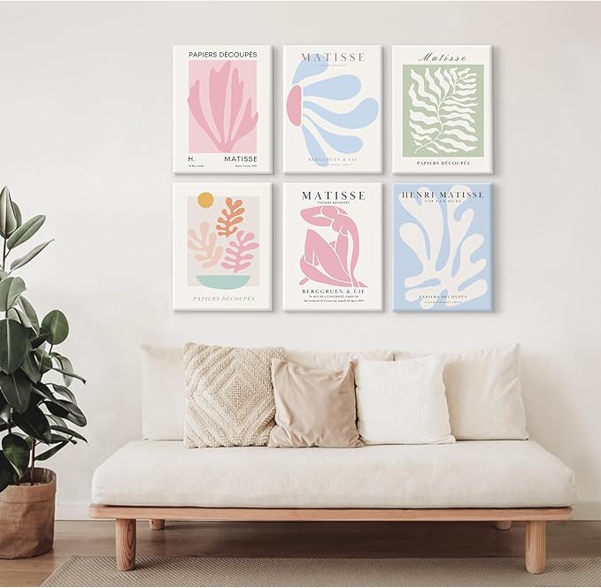 Henri Matisse Wall Art Prints Pink Blue Canvas Wall Decor Aesthetic Pictures Wall Art Danish Pastel Painting Henri Matisse Poster Trendy Artwork for Bedroom 12x16 Inch Wrapped Canvas Set of 6