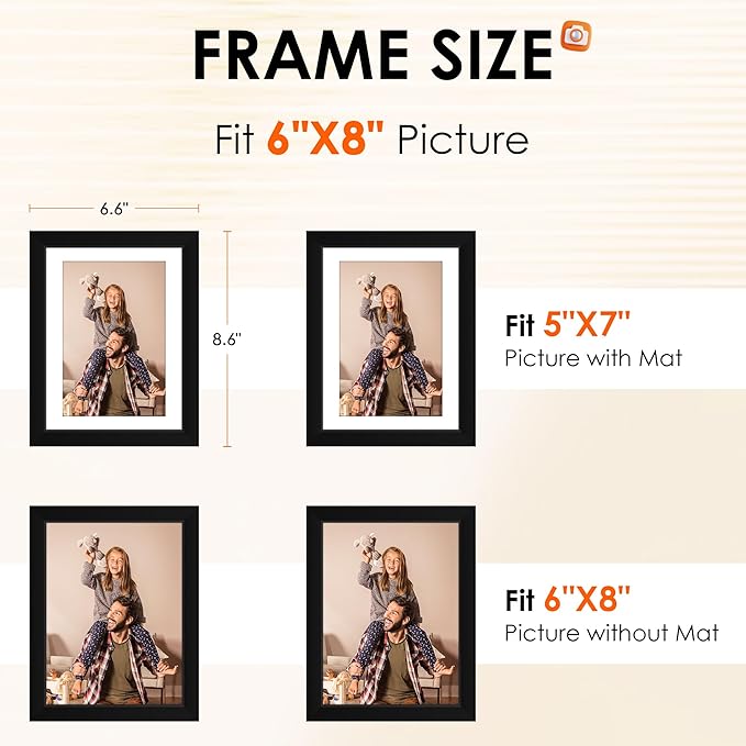 FIXSMITH 6x8 Picture Frame Set of 2, Photo Frame with HD Plexiglass, Display Pictures 5x7 with Mat or 6x8 Without Mat Multi Picture Frames Collage for Tabletop or Wall Display, Black