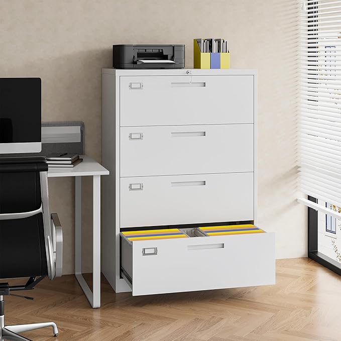 4 Drawer File Cabinet with Lock, 4 Drawer Steel Wide Filing Organization Storage Cabinets, Steel Lateral File Cabinet for Hanging Files Letter/Legal/F4/A4 Size,Assembly Required