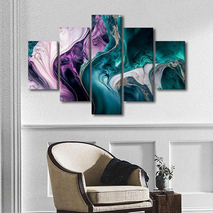Abstract Marble Canvas Wall Art Decor 5 Panel Living Room Canvas Art Modern Abstract Waves Canvas Poster Artwork Prints for Men Lady Home Wall Decor Stretched and Framed Ready to Hang 60x40 in