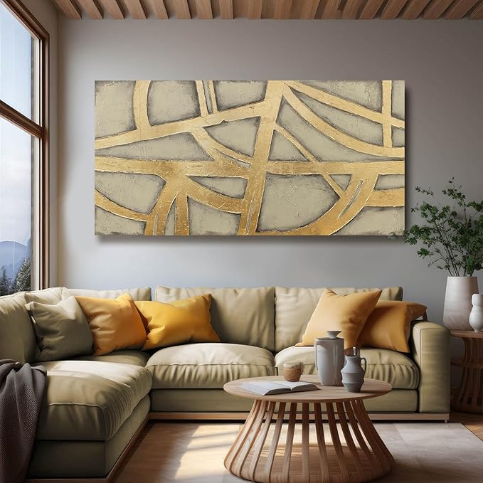 VAYIMDH Abstract Canvas Wall Art Gold Pictures Minimalist Modern Artwork Bedroom Wall Paintings 24"x48" Art for Home Office