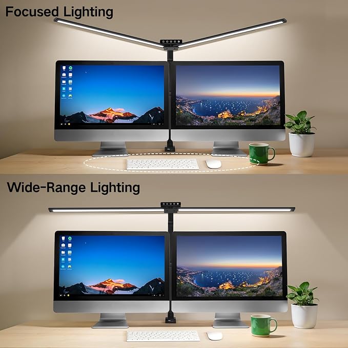 OUTON 29.5" LED Desk Lamp with Clamp for Home Office, 24W Eye-Caring Architect Desk Lamp for Dual Monitors, USB-C & USB-A Ports, Remote & Touch Control, 5 Color Temperatures, Stepless Dimming