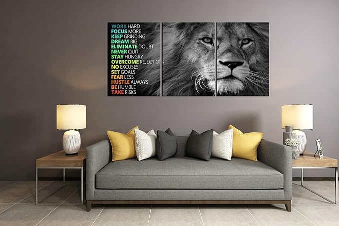 Motivational Canvas Wall Art Lion 3 Pieces Poster Inspirational Positive Wall Art Quotes Success Canvas Artwork Picture Print Framed for Home Office Living Room Gym Wall Decor [60''Wx 28''H]
