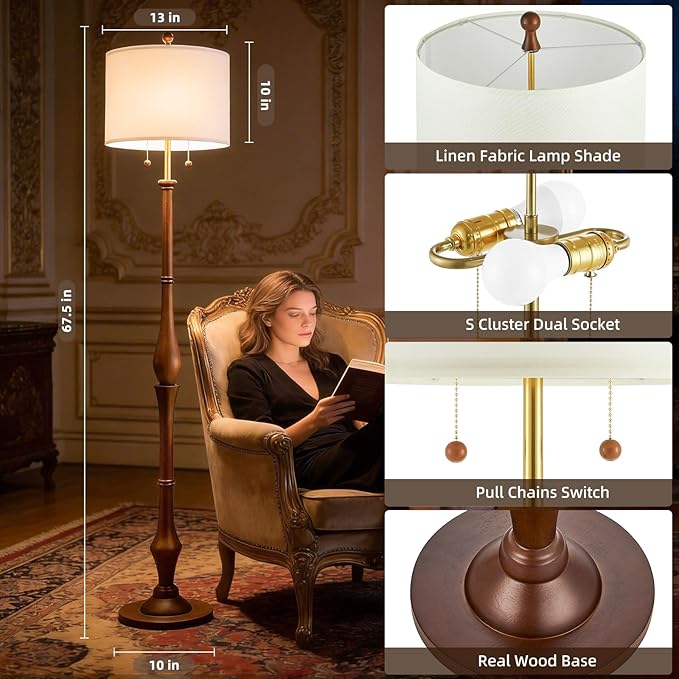 UL Listed 67.5" Natural Real Wood Floor Lamp – Rustic Vintage Base with Linen Shade & S-Cluster Dual Pull Chain Switches for Bedroom, Living Room, Office (Bulb Included)