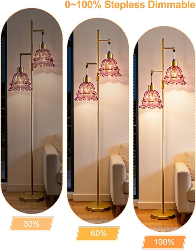 Lightdot 65IN Gold Flower Floor Lamp for Living Room, 2- Light Dimmable Floor Lamps with Deep Red Glass Lampshade,3000K Warm White Modern Standing Tall Lamp for Bedroom Sofa Beside Corner Decor