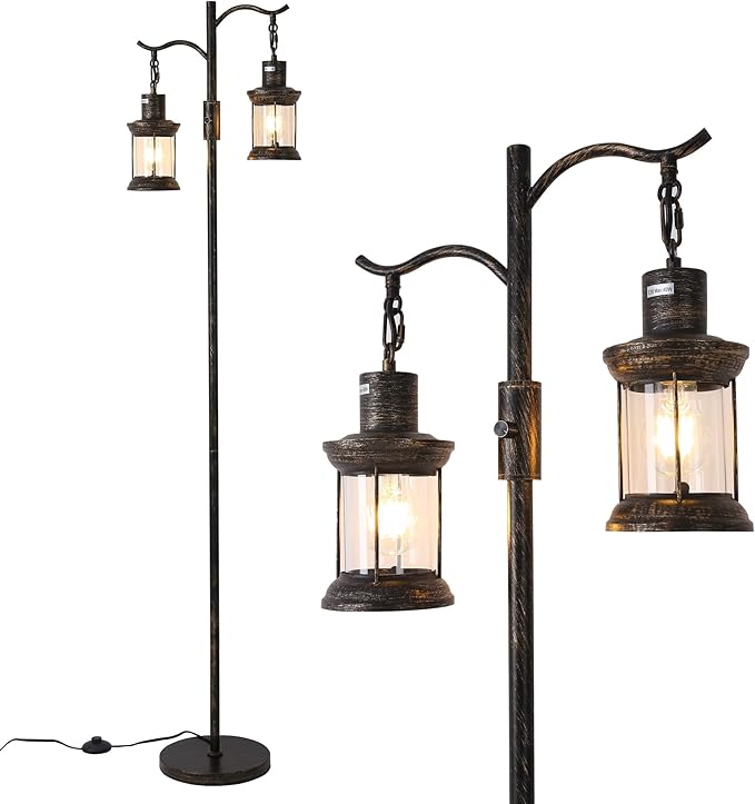 Vintage Dimmable Floor Lamp,2 Classical Lanterns Standing Lamp, Rustic Farmhouse Floor Lamp with Bronze Gold Finish, for Living Room Bedroom (Bronze)