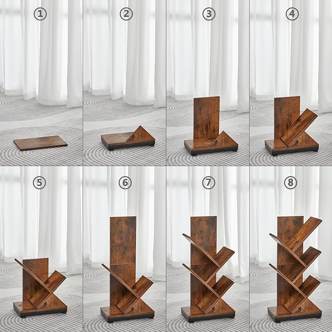 ruboka Tree Bookshelf,Retro Floor Standing Bookcase Display for CDs/Magazine/Books,Small Bookshelf for Bedroom,Living Room,Office,Balcony,Brown Storage Shelves (Brown, 5 Tier)