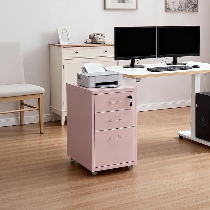 3 Drawer File Cabinet, Lockable Small Filing Cabinet for Home Office, with Wheels, Fits A4 / Letter Size, Steel Office File Cabinets (Pink)