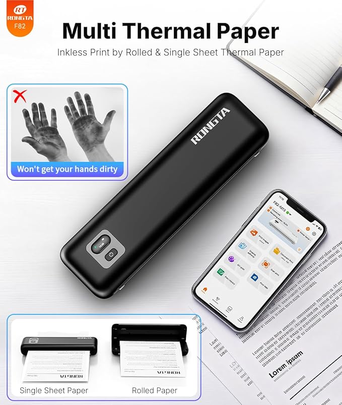 Rongta Portable Printer Wireless for Travel, Thermal Inkless Printers for 8.5"*11" US Letter, Compatible with Android iOS Smartphone, Mac Windows Laptop for Office, Home, Travel (Black)