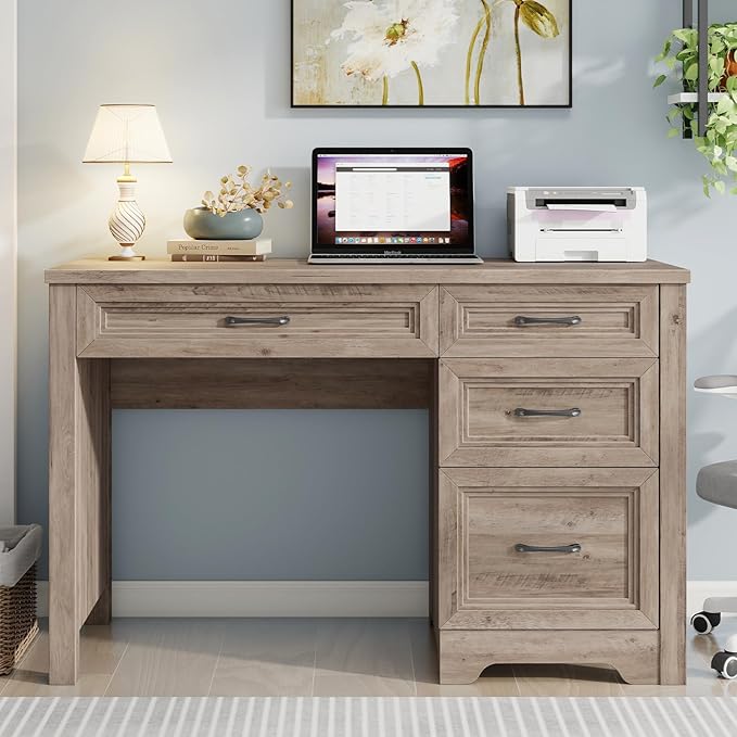 Farmhouse Executive Desk with Drawers, Wood Computer Desk with Ample File Drawer, Rustic Home Office Desk with Storage for Bedroom, Living Room, Grey