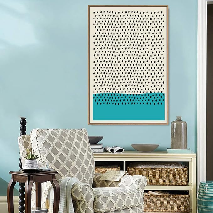 IDEA4WALL Framed Canvas Print Wall Art Black Dots with Teal Color Block Geometric Shapes Illustrations Modern Art Mid-Century Modern Ultra for Living Room, Bedroom, Office - 16"x24" Natural