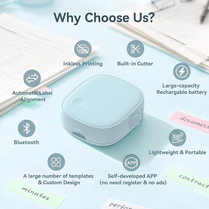 Mini Label Maker Machine with Tape AH-P05, Portable Bluetooth Mini Label Printer, Wireless Thermal Label Maker, Waterproof & Rechargeable, Built-in Cutter, for Home, Office, Kitchen – Blue