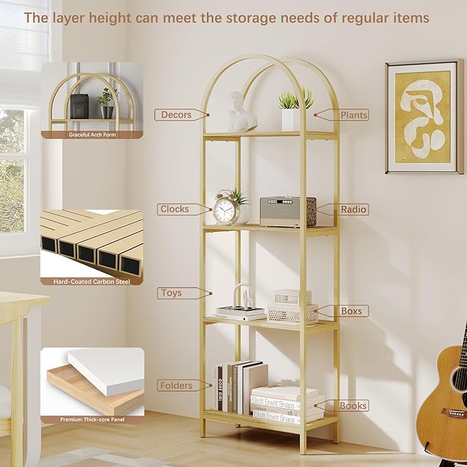 Bookshelf Arched Bookcase, Industrial 4-Tier Open Shelves with Metal Frame, 72" Tall Freestanding Storage Display Rack for Home Office, Living Room, Gold & Nature Wood, Easy Assembly