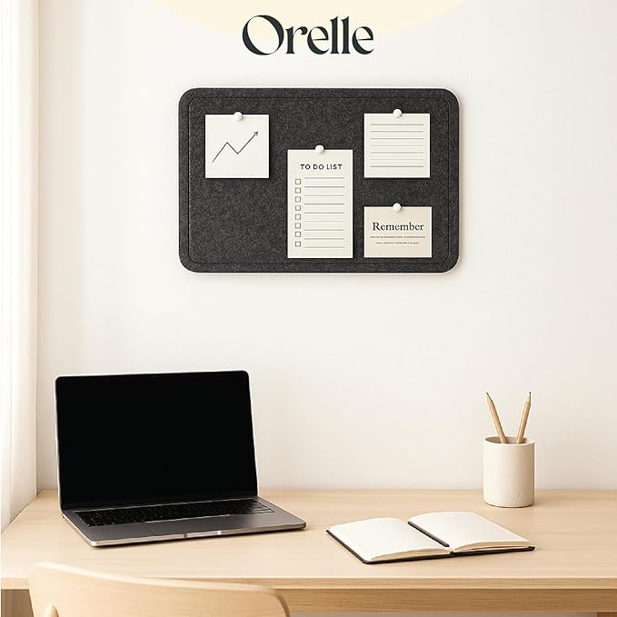 Orelle Felt Bulletin Board | 23 x 15” | Foldable Peel and Stick Felt Board for Wall | Alternative Cork Board for Office, Message Board, Kids Art Display | Charcoal