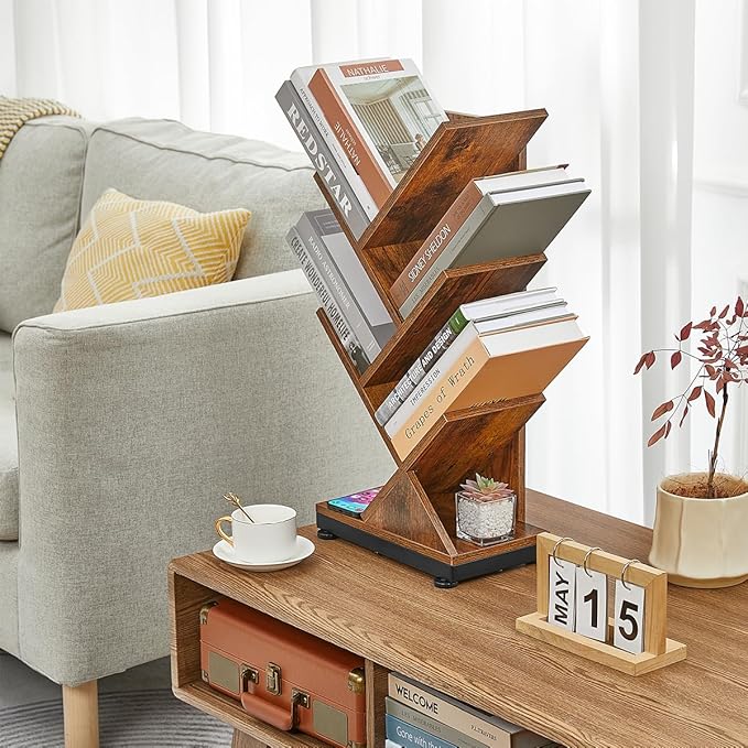 ruboka Tree Bookshelf,Retro Floor Standing Bookcase Display for CDs/Magazine/Books,Small Bookshelf for Bedroom,Living Room,Office,Balcony,Brown Storage Shelves (Brown, 5 Tier)