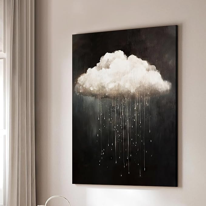 Framed Modern Abstract Canvas Prints Wall Art Vintage Rain Cloud Oil Painting Wall Art White Clouds in The Sky Nature Abstract Minimalist Home Artwork Decoration for Bedroom, Bathroom, Ready to Hang