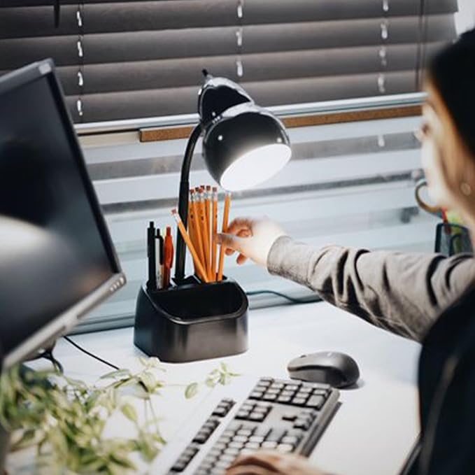 Globe Electric 6.3 x 6.69 x 10.63 Inches Goose Neck Desk Lamp with 10 Watt A-19 Non Dimmable LED Bulb, 2.1a USB Port and Organizer, Black