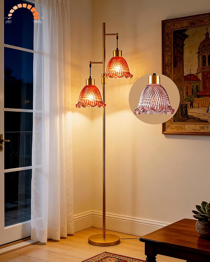 Lightdot 2- Light Gold Flower Floor Lamp for Living Room, 65IN Dimmable Floor Lamps with Rose Red Glass Shade&3000K Warm White Bulbs, Modern Standing Tall Lamp for Bedroom Office