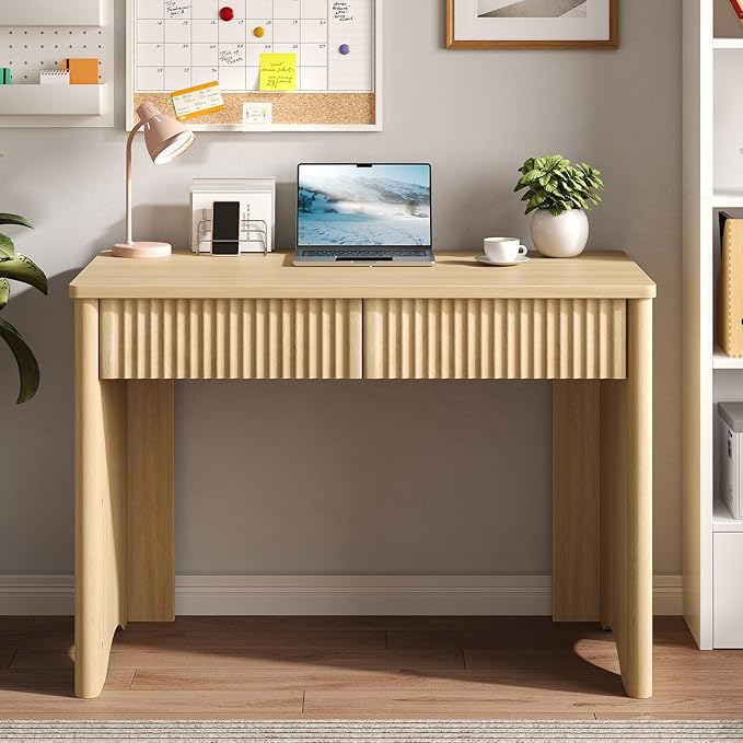 Bestier Fluted Computer Desk with 2 Drawers, 40 Inch Small Wooden Writing Study Work Desk, Computer Table, Compact Executive Home Office Desk for Small Spaces, Bedroom, Study, Living Room