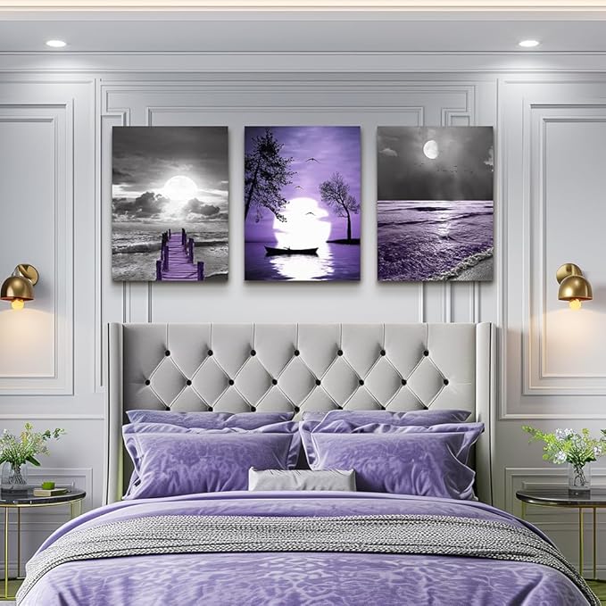 Canvas Wall Art For Living Room Large Size Wall Decorations For Office Artwork Wall Painting Bedroom Wall Decor Black And White Ocean Purple Landscape Modern Family Posters 3 Piece Framed Home Decor