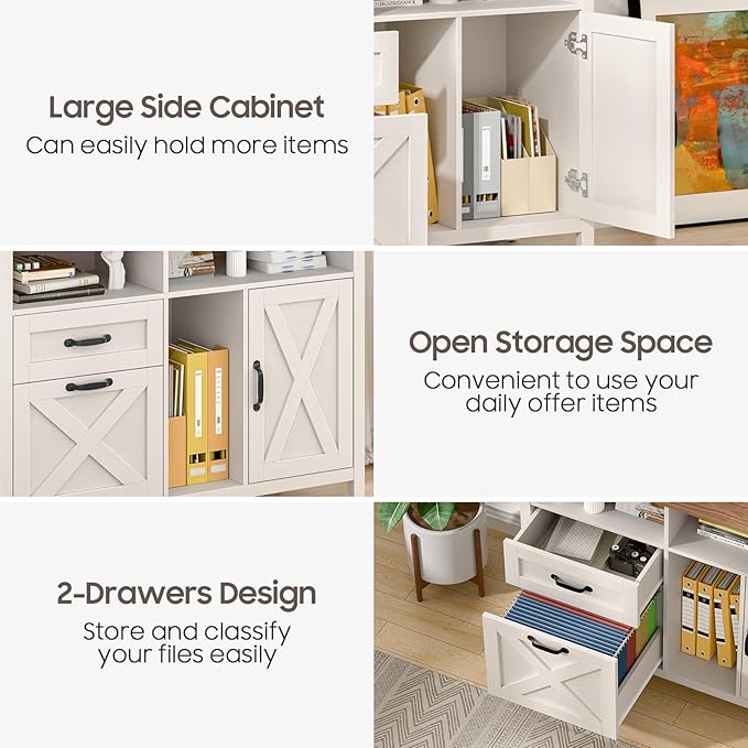 Vabches Lateral File Cabinet, Farmhouse 2 Drawer File Cabinet with Open Storage Shelf for Letter/Legal/A4 Size Hanging Files, Large Wood Storage Cabinets Printer Stand for Home Office, White