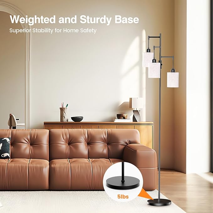 Dimmable Floor Lamp, Tall Standing Lamp with Linen Shade, Industrial Tree Floor Lamps for Living Room Bedroom Office, 3 x 1000LM LED Bulbs Included