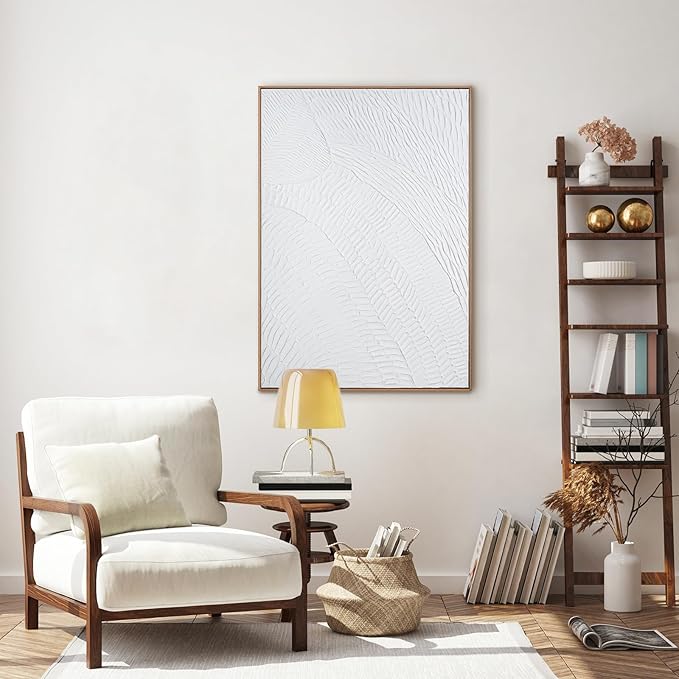 White Abstract Wall Art for Living-room - Framed Geometry 3D Abstract Hand-painting Artwork Minimalism Contemporary Boho Decorative for Living Room, Bedroom - 28"x40"