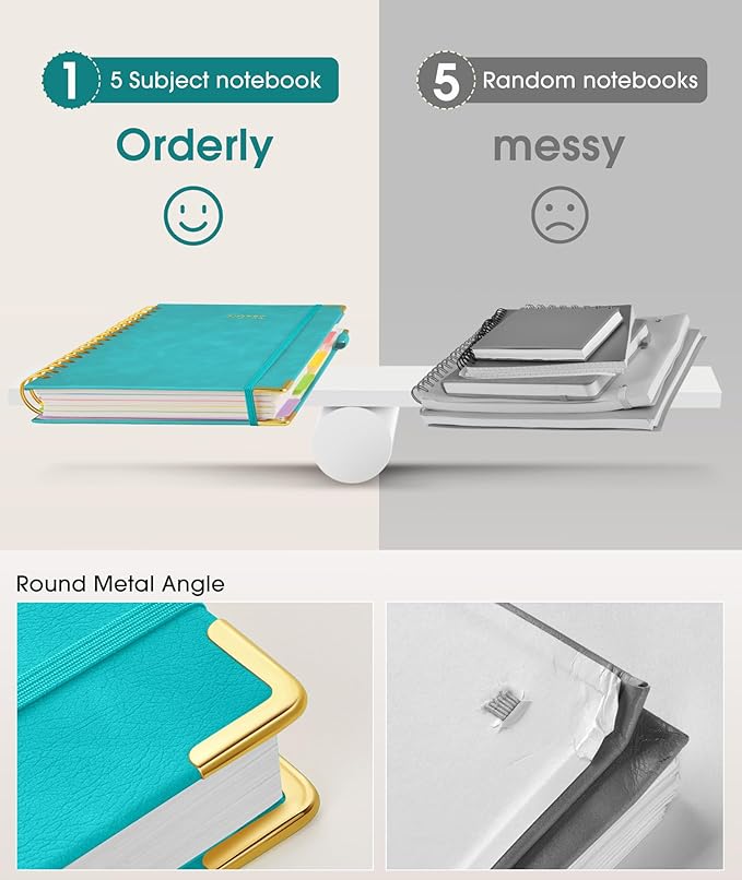 HHardcover Spiral Notebook 8.5"x11" Journal with Removable Dividers Tabs, 300 Pages Leather 5 Subject Notebook College Ruled, Large A4 Notebooks for Work School, Lined Journal for Women, A4 Blue