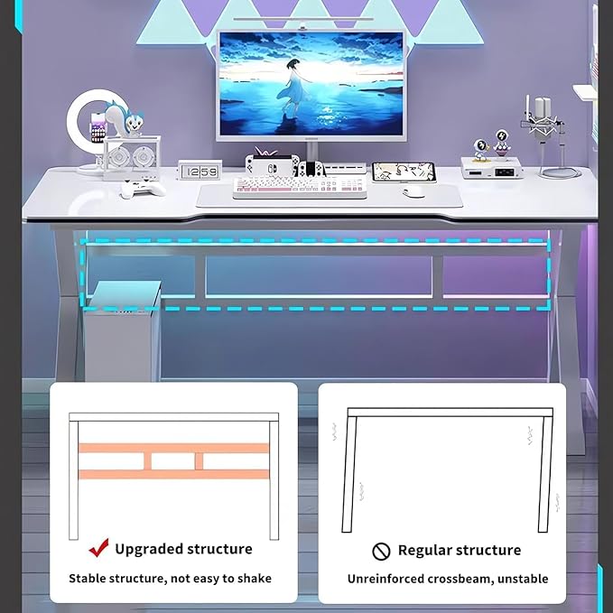 Large Gaming Desk, K-Shaped PC Gaming Table for Home Office, Ergonomic Computer Desk, Space-Saving, Easy Assembly (White 40 Inch)