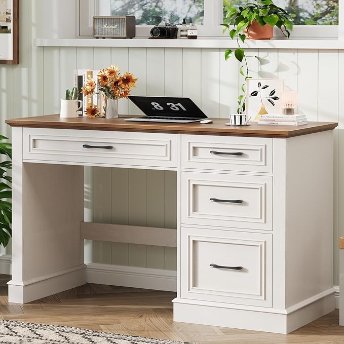 Farmhouse 47" Executive Desk with 4 Drawers, Computer Desk with File Drawer, Workstation for Study, Home Office, Writing, Unique White.