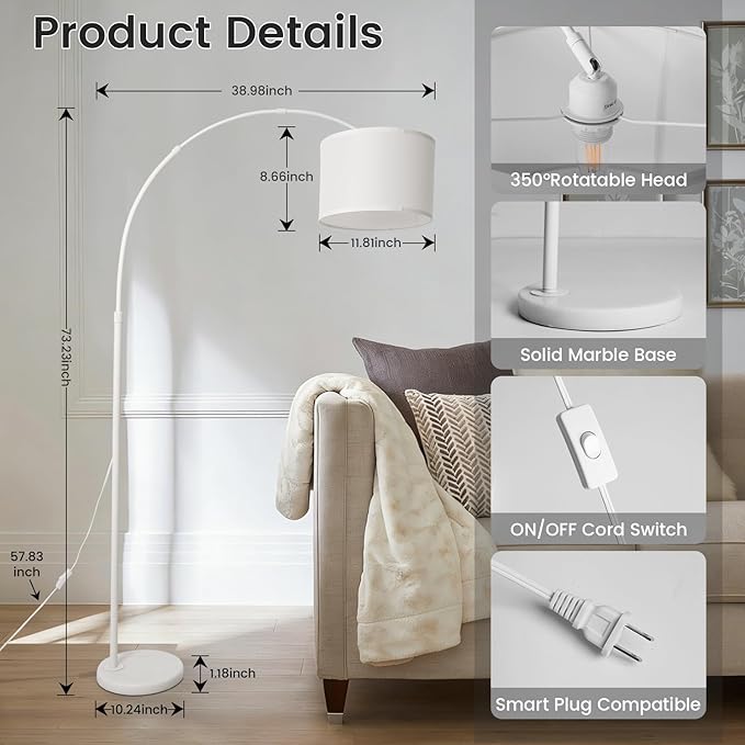 White Arc Floor Lamp with Marble Base, Modern Standing Floor Lamp with Adjustable Height Rotating Head, Tall Pole Lamp with Linen Shade, Over Couch Reading Light for Living Room Bedroom Office Corner