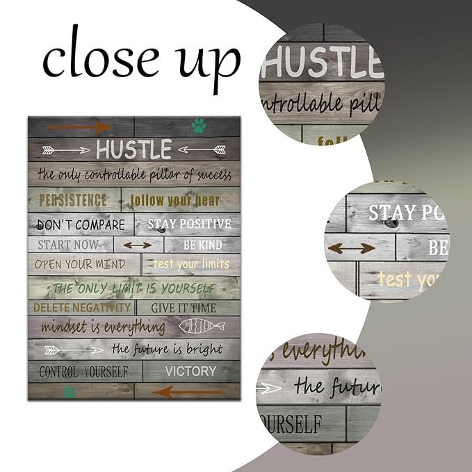 Inspirational Canvas Wall Art Motivational Hustle Sign Painting Retro Picture Poster Positive Motto Office Quotes Print Artwork for Living Room Bedroom Framed Stretched Ready to Hang [18''Wx24''H]