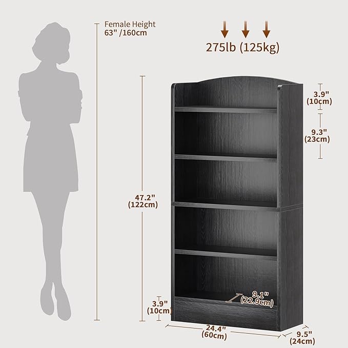 5-Shelf Multi-Functional Modern Wood Bookcase with Curved Design, Dust-Proof Baffle, and Sturdy Construction for Home Office, Black