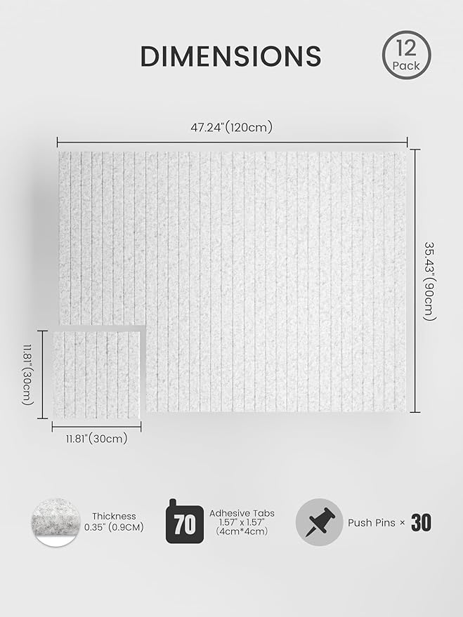 Bumusty Large Cork Board Alternative-48 x 36" Felt Bulletin Board Tiles, with 30 Pushpins, 70 Adhesive Tabs, 12-Pack Slat Wall Paneling, Cork Boards for Office Push Pin Board Felt Board-Light Gray