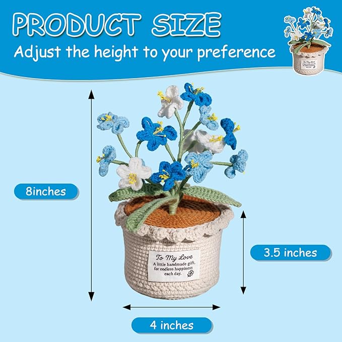 Forget Me Not Flower Lamp - Blue Crochet Artificial Flowers with Night Light, Cordless Table Lamp, Cozy Home Decor Crochet Gifts
