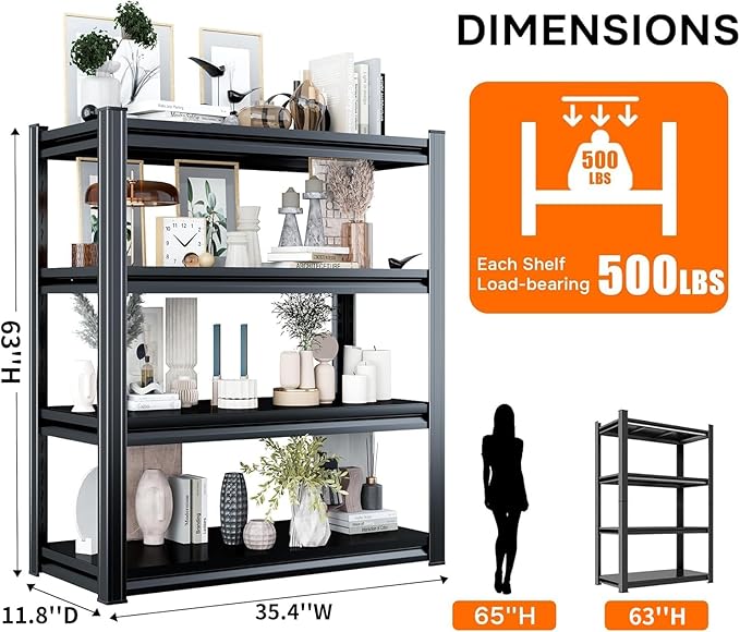 Book Shelf, Metal Bookshelves, Heavy Duty Steel Bookcases, Large Storage Capacity Adjustable Tall Industrial Bookshelf for Living Room, Bedroom and Library, Black (4-Tier 63'Hx35.4''Wx11.8''D)