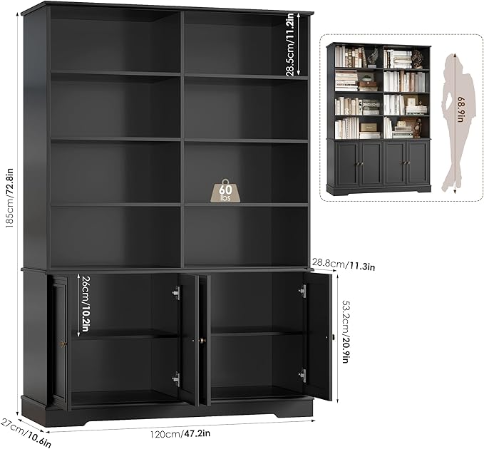 FINETONES 73" Black Bookshelf with Doors, 6 Tier Tall Bookshelf Double Wide Bookcases and Bookshelves with Storage, Large Display Cabinets for Home Office,Living Room, Library