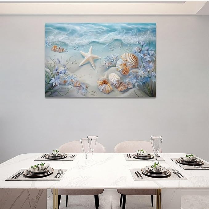Beach Seashell Bathroom Wall Art Coastal Floral Pictures Wall Decor Flower Starfish Canvas Painting Modern Decoration Artwork for Bathroom Living Room Bedroom Office Framed 24"x16"