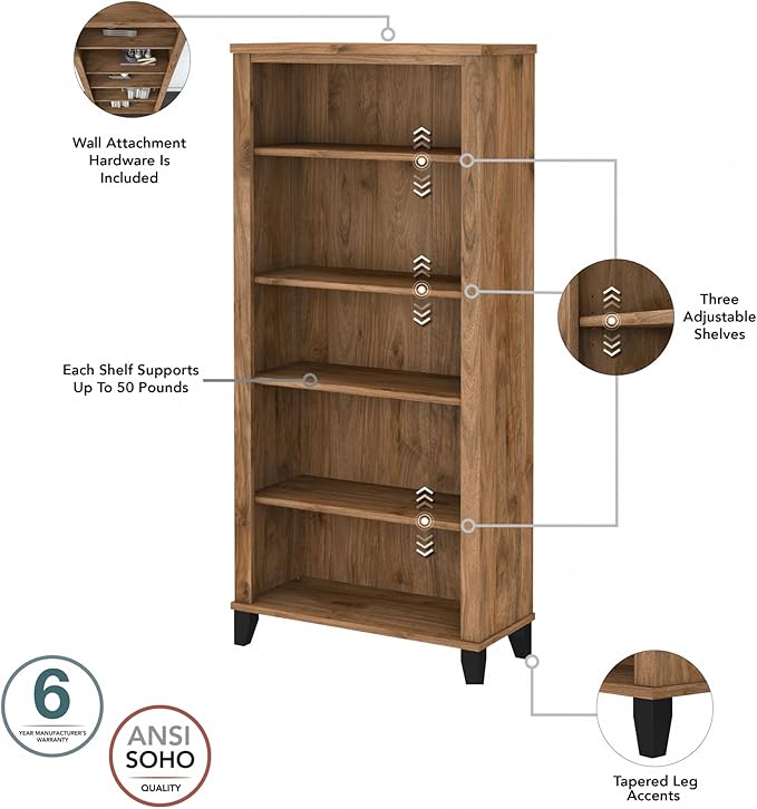Bush Home Somerset 5 Shelf Bookcase in Fresh Walnut, Tall Bookshelf, Large Book Shelf for Living Room, Home Office, or Entryway