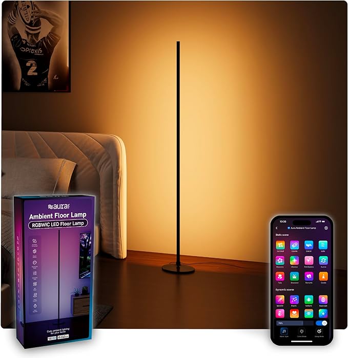Aura Labs RGBICW Floor Lamp, Ambient Light LED Corner Light Alexa Control with Music Sync 1000 Lumen 4-Billion Colors, 90+ CRI, Preset & Custom Colors & Scenes, Modern Floor Lamps for Living Room